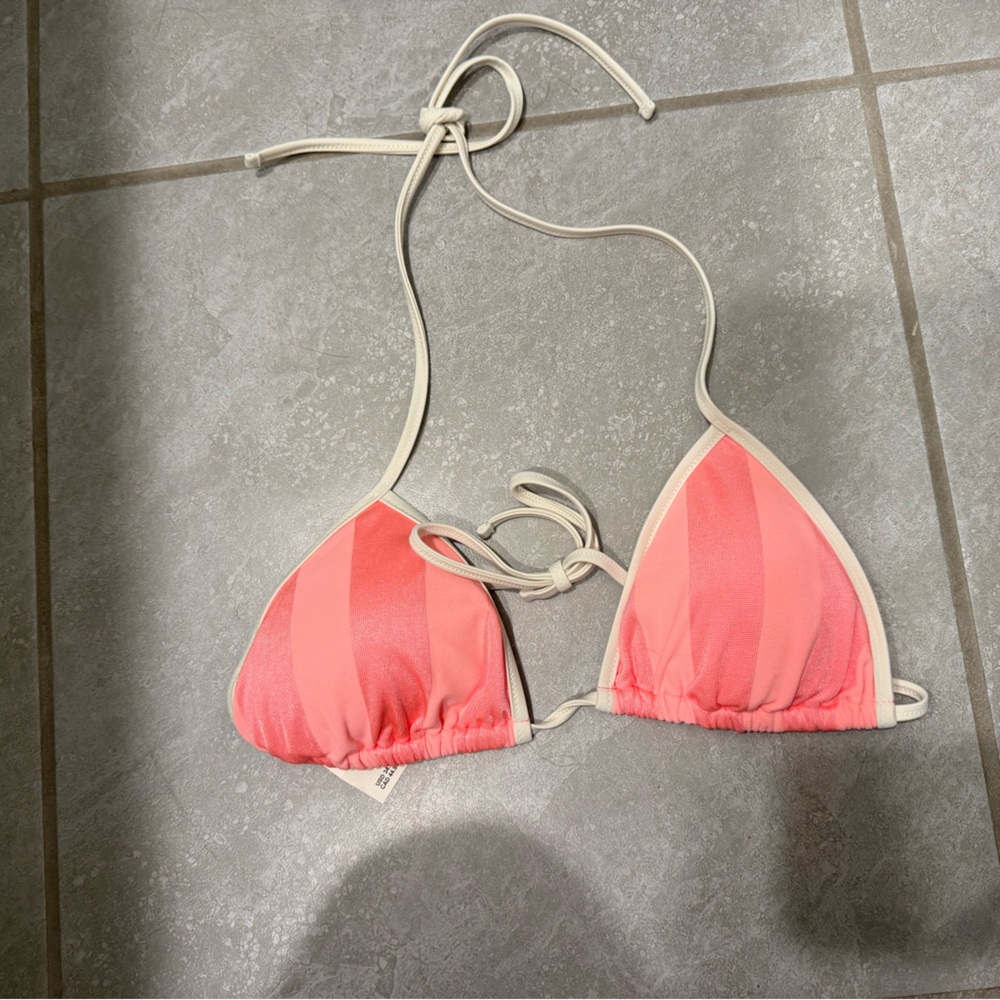 Coral Stripe Aerie Triangle Bikini Top with Cream Trim